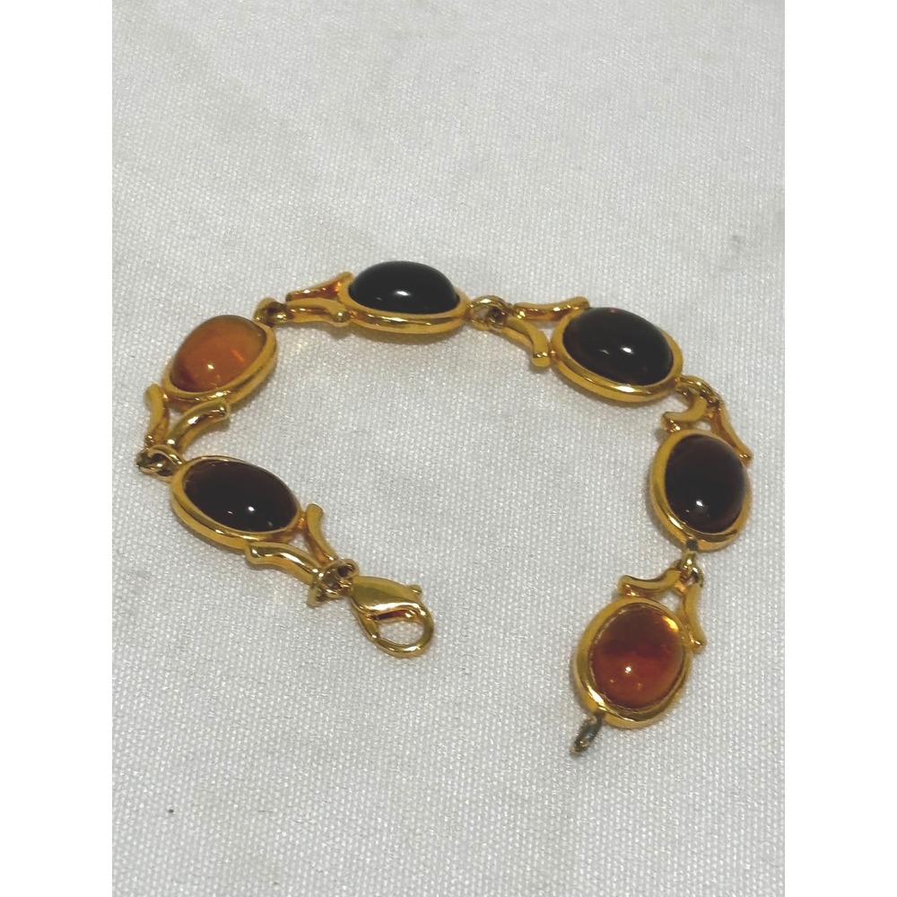 Vintage Gold Tone amber tigers stone Oval Cabochon Link Bracelet 7.5"